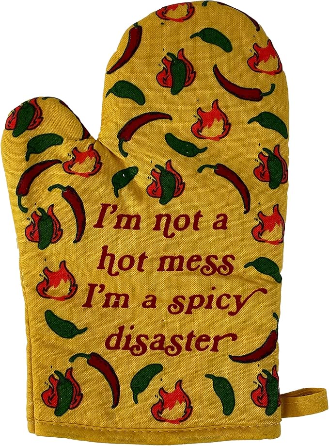 I'm Not A Hot Mess I'm A Spicy Disaster Oven Mitt Funny Chili Peppers Heat Graphic Novelty Kitchen Glove Funny Graphic Kitchenwear Cool Sarcastic Novelty Yellow Oven Mitt - sugar skull oven mitts