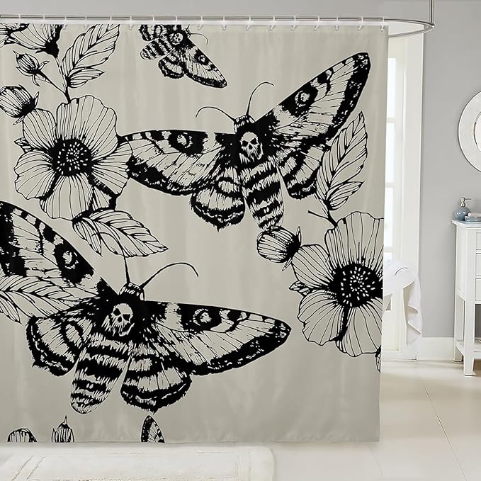 Gothic Skull Bathroom Shower Curtain Set Decorative Death Moth and Flowers Bath Curtain Kids Stalls Decor Pesonalized Skeleton Bones Shower Curtain Black Cream Waterproof Bathroom Curtains 72"x72" - sugar skull shower curtain set