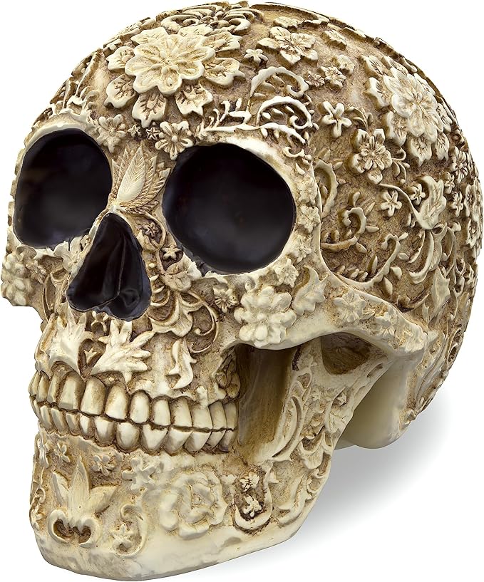 READAEER Life Size Skull Resin Floral Human Skull Model Adult Head Bone Model Day of The Dead Décor - sugar skull garden decor