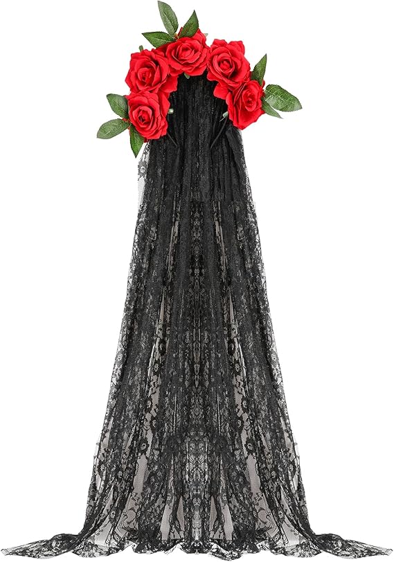WILLBOND Day of the Dead Headband Halloween Crown Rose Flower Long Veil Headband Day of the Dead Headpiece for Women - sugar skull flower crown