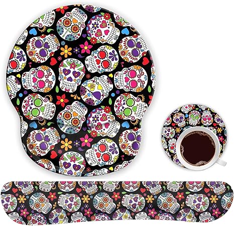 Ergonomic Mouse Pad Wrist Support Gel and Keyboard Wrist Rest Set for Laptop, Mac, Gaming and Office, Durable, Comfortable and Pain Relief + Coaster, Day of The Dead Colorful Vintage Sugar Skull - sugar skull coasters set