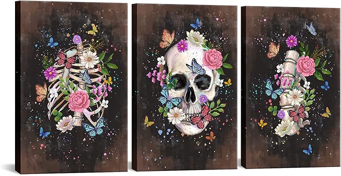 FuShvre Sugar Skull Wall Art Canvas Skeleton Painting Pictures Gothic Halloween Mexican Day of the Dead Wall Decor Ready to Hang 16“x24 x3pcs Brown - sugar skull poster print