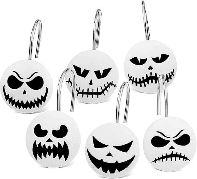 Jetec 12 Pcs Skull Shower Curtain Hooks Halloween Shower Rings Decorative Skeleton Curtain Hook Rings Stainless Steel Bathroom Hooks with Skull Decor for Home Halloween(Cool Style) - sugar skull shower curtain set