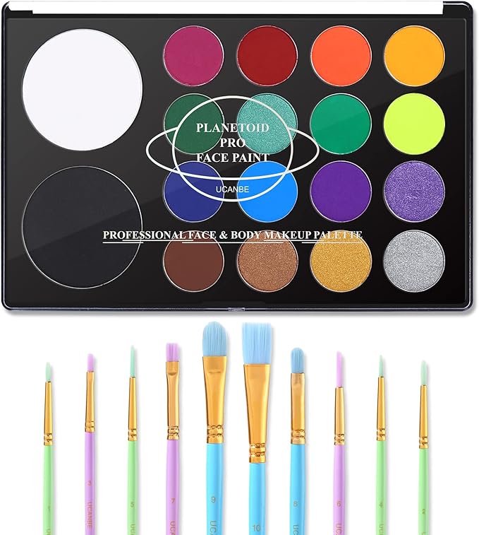 UCANBE Face Paint Kit + 10pcs Paint Brush Water Activated Body Paint SFX Makeup Palette for Cosplay Halloween Black White Face Painting Kits for Adults Matte Neon Special Effects Makeup Kit - sugar skull makeup kit