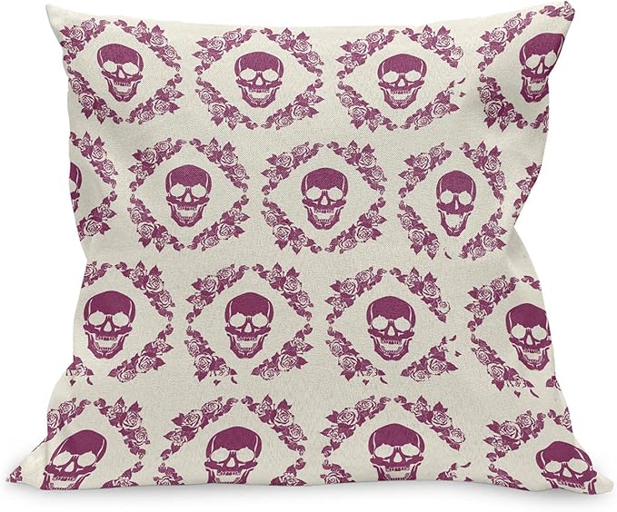Ambesonne Sugar Skull Throw Pillow Cushion Case, Monochrome Style Calavera Inspired Surround by Circular Floral Wreath Print, Decorative Square Accent Pillow Cover, 36" X 36", Fuchsia Cream - sugar skull wreath for front door