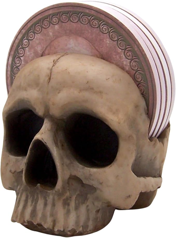 Wowser Gothic Kitchen & Bar Decor- Skull Engraved Coaster Set with Holder, 4.5 Inches, Set of 4 - sugar skull coasters set