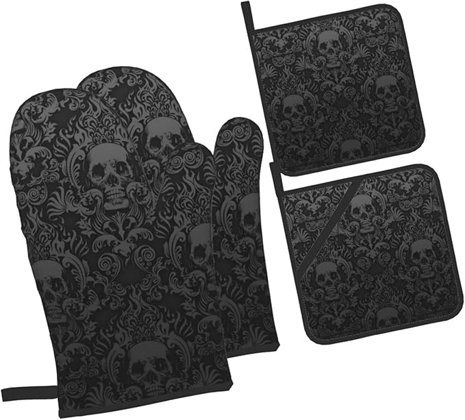 Gothic Skull Flower Black 4pcs Oven Mitts and Pot Holders Sets,Halloween Heat Resistant Non Slip Kitchen Gloves Hot Pads with Inner Cotton Layer for Cooking BBQ Baking Grilling - sugar skull oven mitts