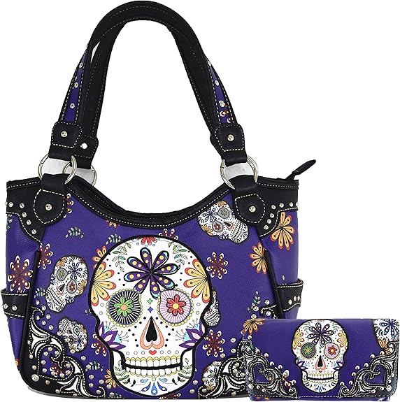 Punk Gothic Rock Metallic Skull Day of the Dead Floral Sugar Skull Leather Purse Women Handbag Shoulder Bag Wallet Set - sugar skull wallets for women