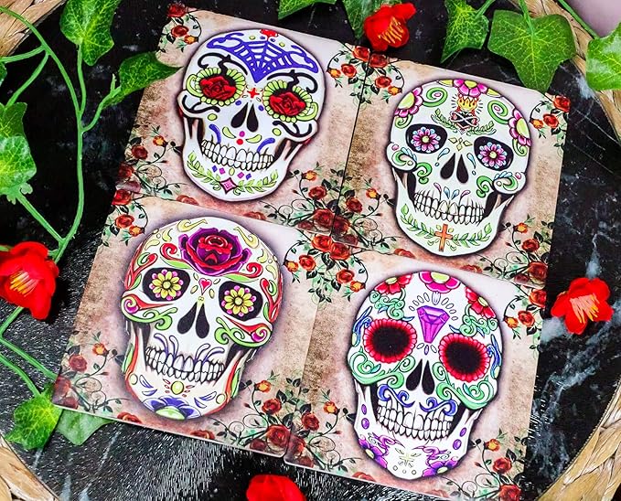 Ebros Gift Day of The Dead Dia De Muertos Calavera Floral Sugar Skulls Ceramic Coaster Set of Four Tiles with Cork Backing Furniture Protector Bar Pub Kitchen Dining Room Decorative Accent - sugar skull coasters set