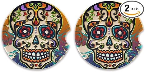 Car Coaster 2 Pack Day of The Dead Sugar Skull Car Coaster for Drinks Absorbent Ceramic Cup Holder Coaster for Men Women Removal Cute Car Accessories 2.56in - sugar skull coasters set