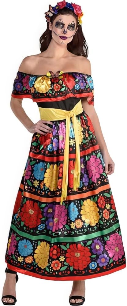 Amscan Multicolor Sugar Skull Beauty Dress & Headband Set - Enchanting Day of the Dead Costume - sugar skull flower crown