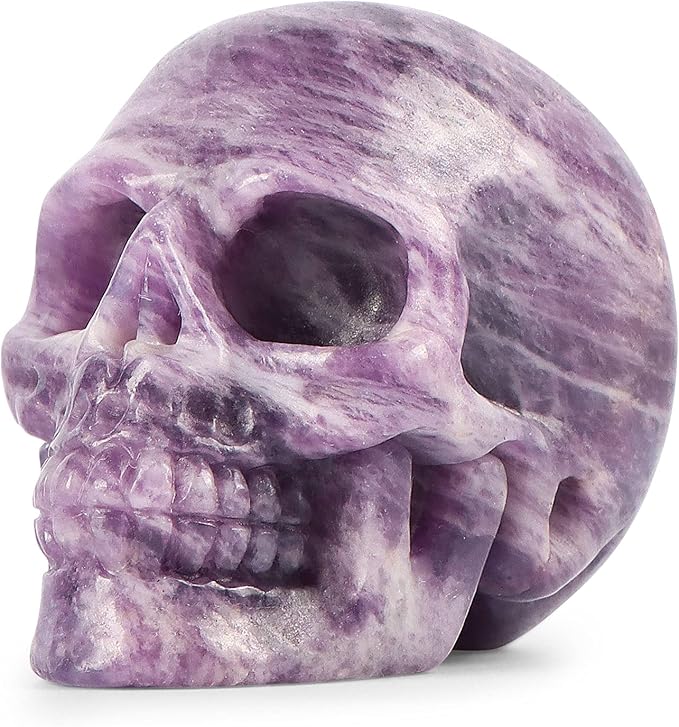 Artistone 2" Crystal Human Skull Head Decor Statue Carved Gemstone Purple Lepidolite Skeleton Head Art Figurines Reiki Healing Stone for Halloween Christmas Ornaments Home Office Decoration - sugar skull figurine collectible