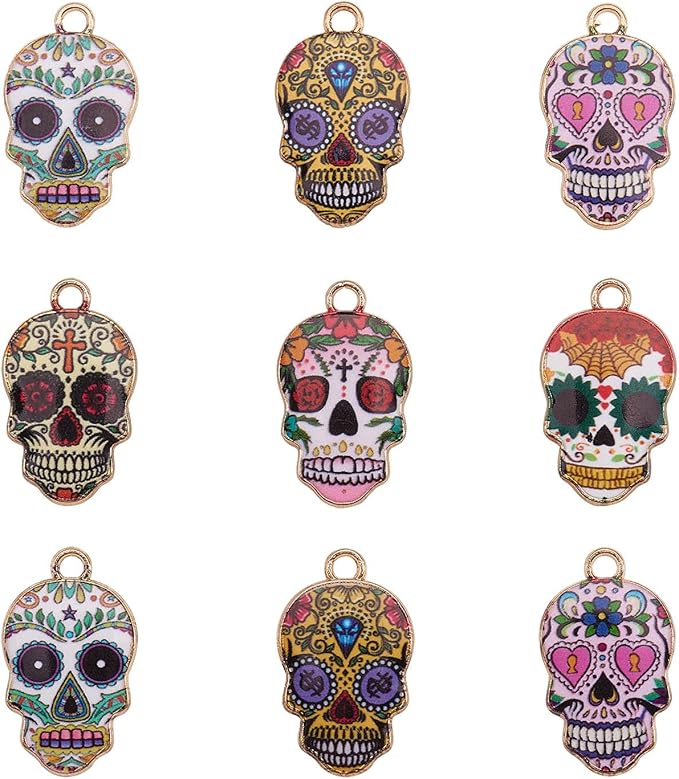 KitBeads 12pcs Sugar Skull Enamel Halloween Charms - Flower Skull Pendant for DIY Jewelry Accessories - sugar skull christmas ornament