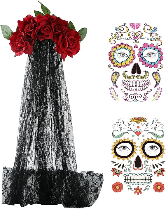 Day of the Dead Headpiece,Dia de los Muertos Headpiece,Mexican Flower Crown Headband with Face Tattoo - sugar skull flower crown