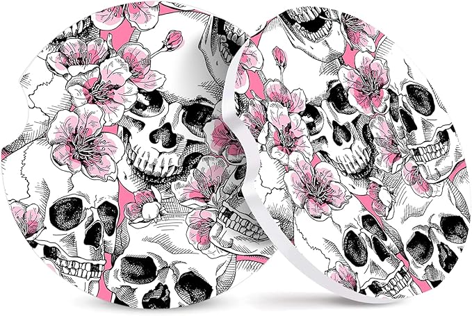 2 Pack Absorbent Car Coasters for Cup Holders,Floral Skull Ceramic Coasters with Cork Back and Finger Slot,Cool Cupholder Accessories to Keep Your Car Cup Holders Clean and Dry 2.56" - sugar skull car floor mats