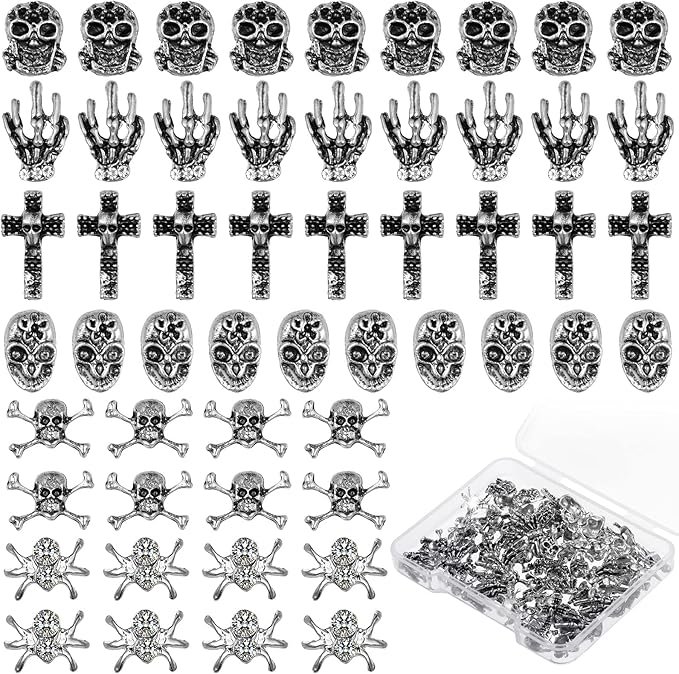 90 Pieces Halloween Nail Charm Skull Ghost Nail Charms Cross 3D Nail Charm Pumpkin Skeleton Nail Jewelry Decoration Halloween Metal Nail Decors for Women Girls Vintage Nail DIY - sugar skull nail art