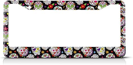 Day of The Dead License Plate Frame Auto Tag Frames Floral License Plates Holder 2 Holes Sugar Skull Gothic Halloween Decorative Car Truck Motorcycle License Plates Tag for Men Women - sugar skull plates set