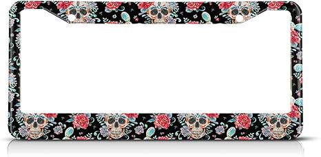 Sugar Skull License Plate Frame Halloween Day of The Dead Car Frames, License Plates Holder， Colorful Floral License Plate Aluminum Metal Frames for Women Men Auto Decoration - sugar skull plates set