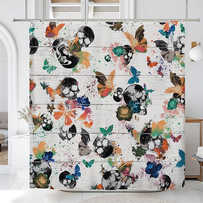 Renaiss Butterfly Skull Shower Curtain for Bathroom Butterflies and Suger Skull Watercolor Painted White Wood Plank Shower Curtain Set with Hooks Waterproof Polyester 70Wx72L inches - sugar skull shower curtain set