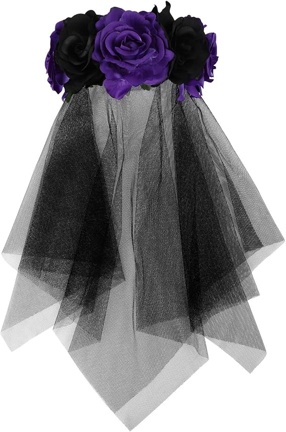 Floral Crown Headband with Black Lace Veil Headpiece Hair Accessories Day of The Dead Halloween Costume Party Wedding Bridal - sugar skull flower crown