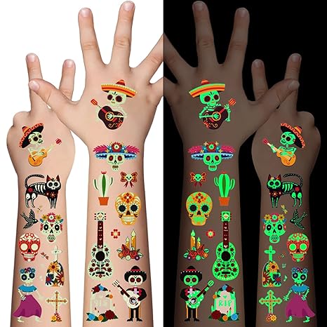 Day of the Dead Luminous Temporary Tattoos for Kids - 100 Pieces Glow In The Dark Tattoos Stickers for Boys and Girls,Sugar,Skeletons,Gemstones,Red Roses Face Makeup Tattoos Set,Holiday Party Gifts - sugar skull temporary tattoo