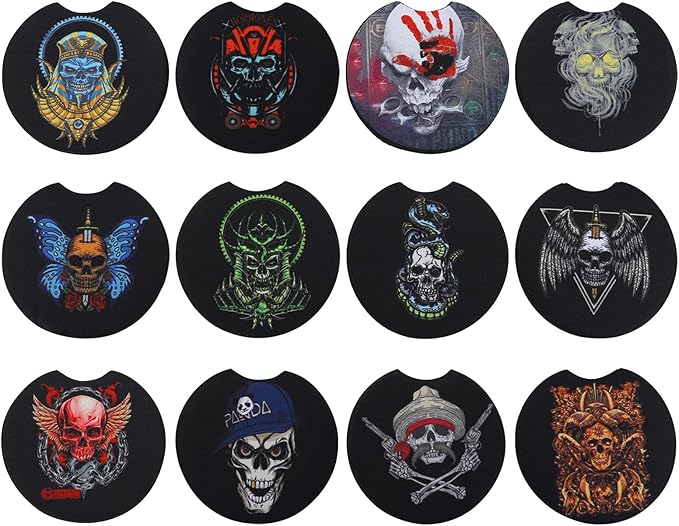 12 Pack Car Coasters for Cup Holders – Cute Absorbent Ceramic Car Accessories for Women Interior, Coaster Set for Drinks with Finger Notch, Stylish Cup Holder Inserts - Rock Skull Series - sugar skull coasters set