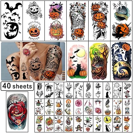 Yazhiji 40 Sheets Halloween Temporary Tattoos Pumpkin Witch Sugar Skull Tattoo Family Set Tats for Women Men Boys and Girls - sugar skull temporary tattoo