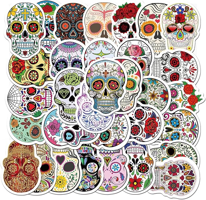 50pcs Halloween Sugar Skull Stickers, Dia de Los Muertos Mexican Day of Dead Stickers Decals, Candy Skull Stickers for Laptop Water Bottle Luggage Bike Computer - sugar skull vinyl sticker
