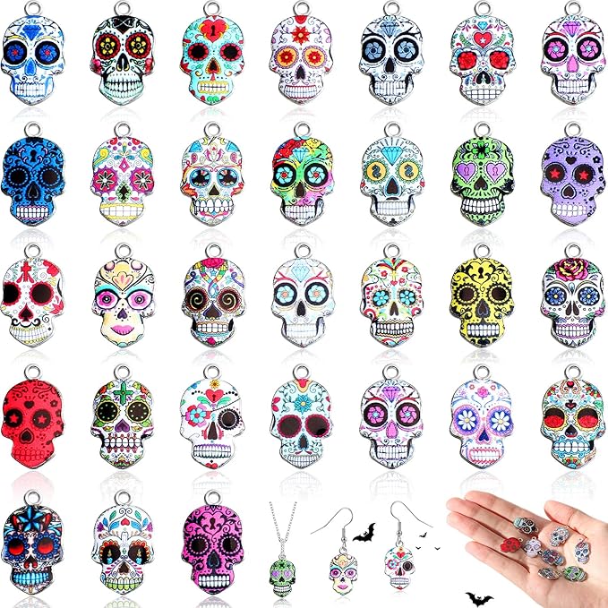 Hicarer 62 Pcs Sugar Skull Charms for Jewelry Making Halloween Enamel Charms Dia De Los Muertos Flower Skull Pendants for Necklaces Bracelets Earring Crafts(Chic Style) - sugar skull nail art