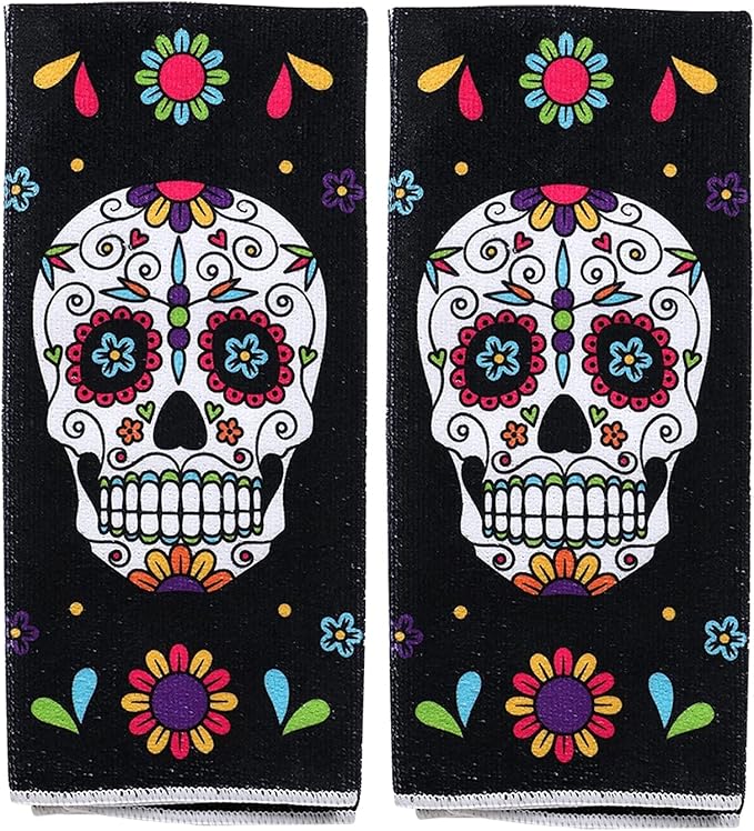 Saguaro Acres Day of The Dead Printed Hand Towels Set 2 Pack Decorate Your Kitchen Décor – Home Décor -Bath Towels Kitchen Linens (Sugar Skulls) - sugar skull beach towel