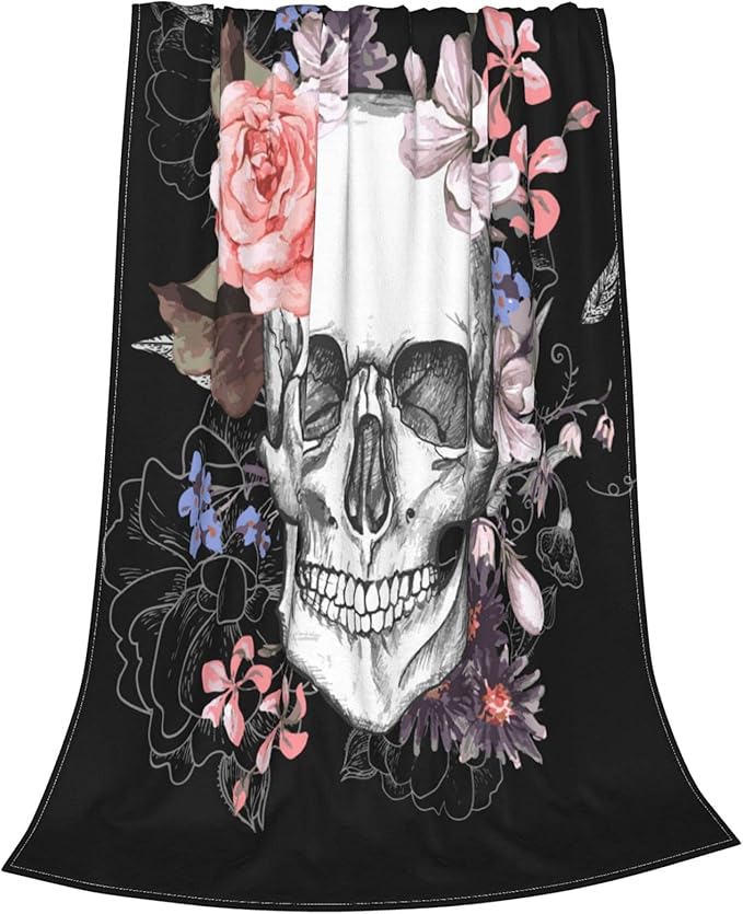 Gothic Skull with Flowers Fleece Throw Blanket Soft Lightweight Warm Cozy Plush Blanket for Men Women Couch Bed Sofa 60"X50" - sugar skull throw blanket