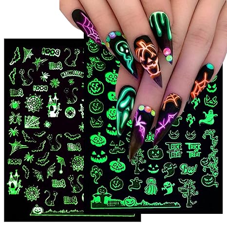 Luminous Nail Stickers - 3D Halloween Nail Art Designs - Skull, Ghost, Pumpkin, Spider, Bat Decals - Self-Adhesive, 6 Sheets - sugar skull nail art
