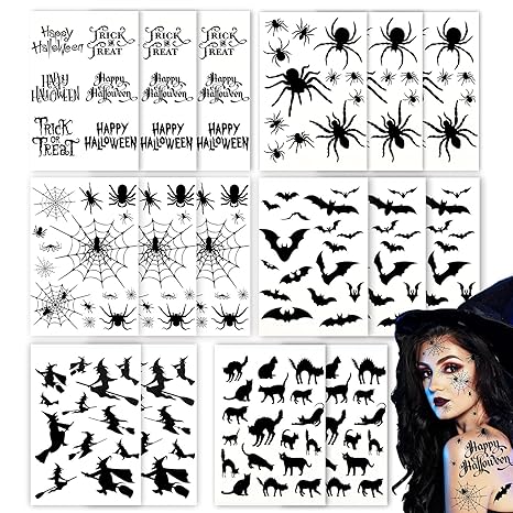 Whaline 250Pcs+ Halloween Temporary Tattoos Black Spider Bat Web Witch Cat Gothic Tattoo Stickers Fake Spider Face Waterproof Tattoos for Trick or Treat Halloween Party Arm Body Face, 16 Sheet - sugar skull temporary tattoo