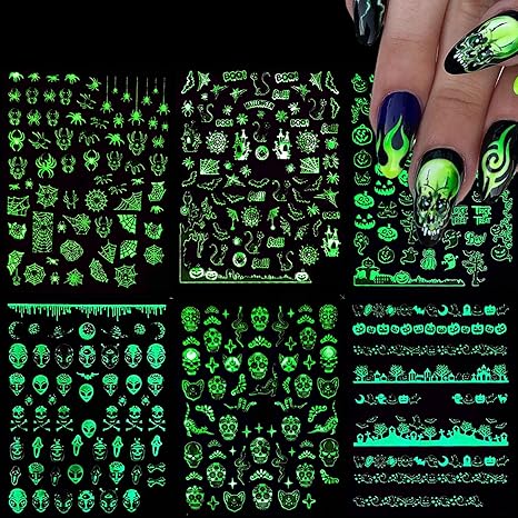 Halloween Nail Art Stickers, Luminous Nail Design Glow in The Dark Nail Decals, Day of The Dead Skull Witch Pumpkin Ghost Gross Spider Bat Nail Sticker for Holiday Women Manicure Decoration(6 Sheets) - sugar skull nail art