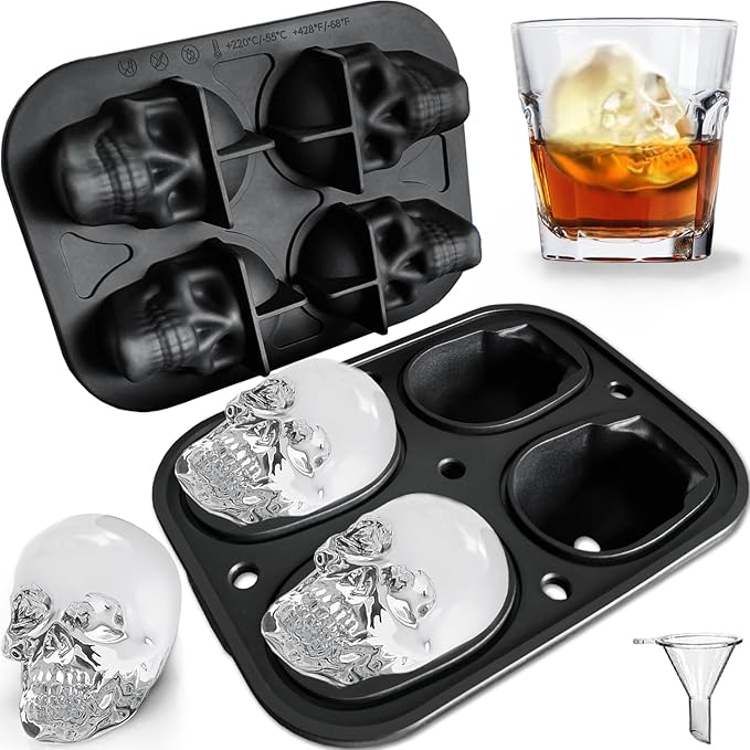 JETKONG Large Skull Ice Mold - 4 Cavity Silicone Skull Ice Maker - Ice Cube Tray for Whiskey, Bourbon, Cocktails and Juice - sugar skull wine glass