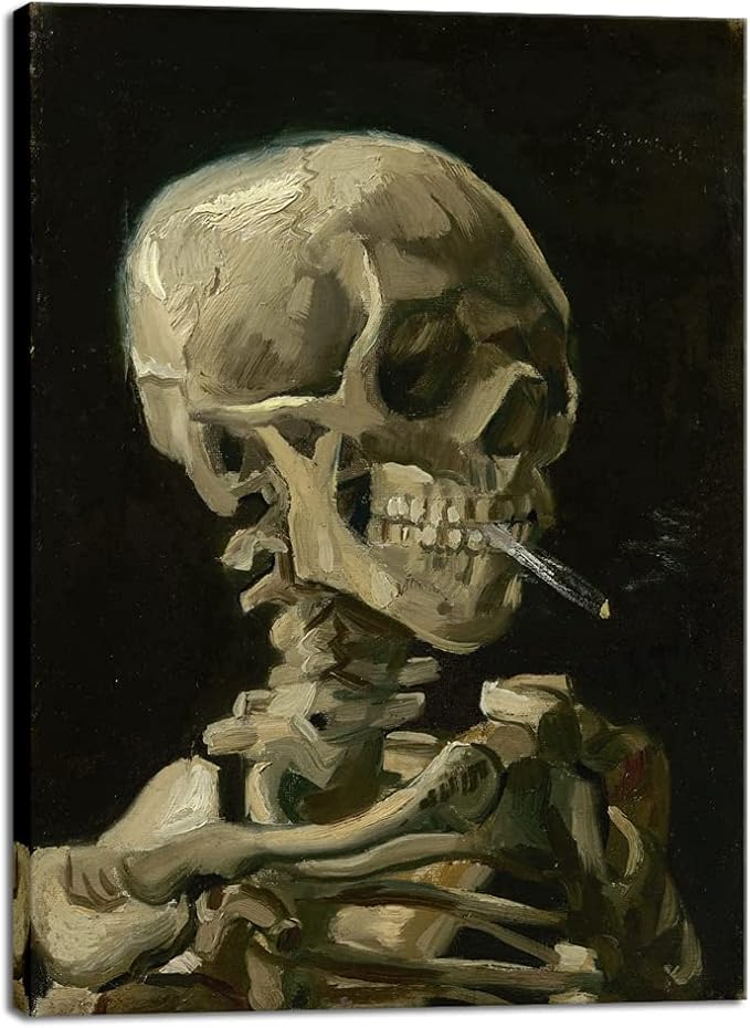 Wieco Art Skull of a Skeleton with Burning Cigarette, 1886 by Vincent Van Gogh Canvas Wall Art for Home Decor and Wall Decor Post-impressionism Canvas Prints Pictures Artwork - sugar skull canvas wall art