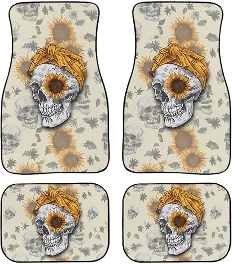 Sunflower Skull Auto Floor Mats Universal Non Slip Rubber Backing Front Rear Automotive Foot Pad 4-Piece Sets, All Weather Car Floor Rugs Halloween Decorate for Cars - sugar skull car floor mats