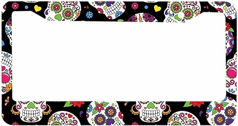 Sugar Skull Decorative License Plate Frame Day of The Dead Colorful Vintage Sugar Skull Abstract Seamless Floral Car Tag Frame Aluminum Auto License Plate Holder for Men Women - sugar skull car floor mats