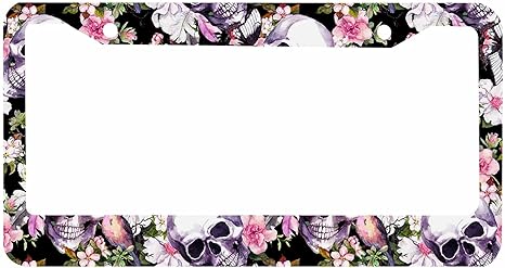 Decorative License Plate Frame Sugar Skull and Flower Car Tag Frame Aluminum Auto License Plate Holder for Men Women - sugar skull car floor mats