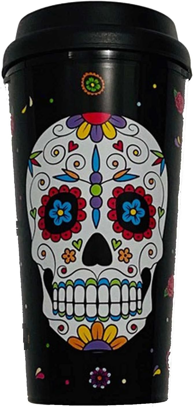 Forum Novelties NEW Day-of-the-Dead SUGAR SKULL Double Wall TRAVEL TUMBLER Cup w/Sipper Lid-16oz - sugar skull tumbler with straw