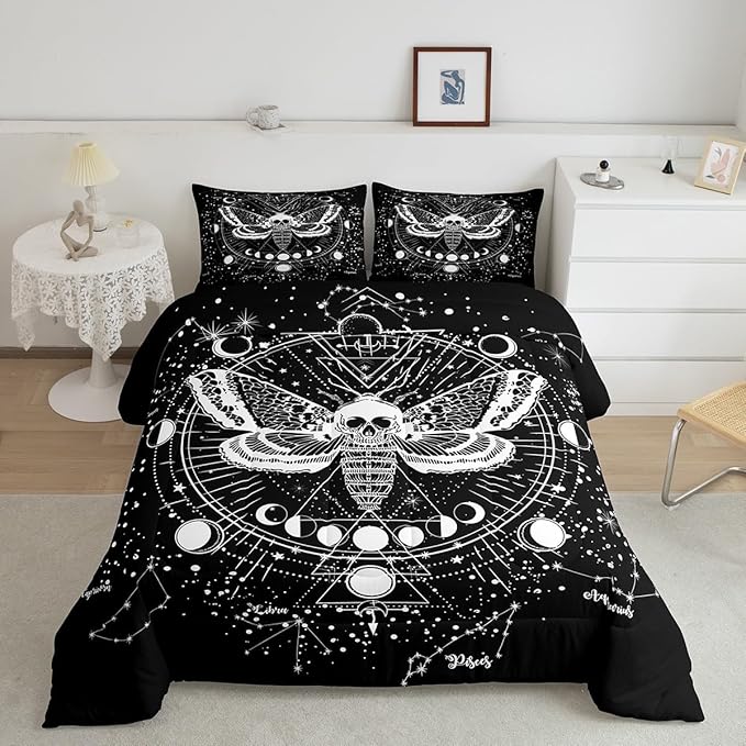 Gothic Decor Comforter Set Twin Size Boys Boho Moth Down Comforter Men Gothic Sugar Skull Comforter Galaxy Starry Sky Halloween Gothic Bedding For Kids Girls Women Bedroom Decor, Black White - sugar skull bedding set