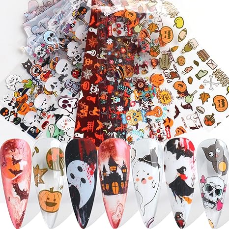 Halloween Series Transfer Stickers Kawaii Nail Art Foils Tattoo Decals - Pumpkin, Ghost, Sugar Skull, Haunted House, Spider Web, Candy Wrap Design - Manicure Tips Decorations Supplies - sugar skull temporary tattoo