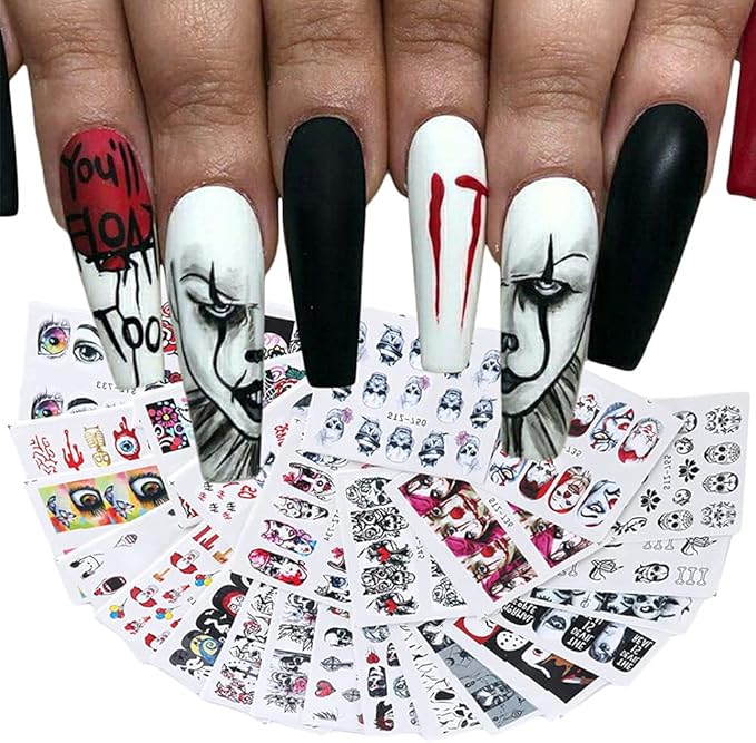 25 Sheets Halloween Water Transfer Nail Art Sticker Clown Witch Ghost Demon Skeleton Blood Eye Nail Art Decals Halloween Party Supply Manicure Tips DIY Nail Decorations for Women Girls Kids - sugar skull nail art