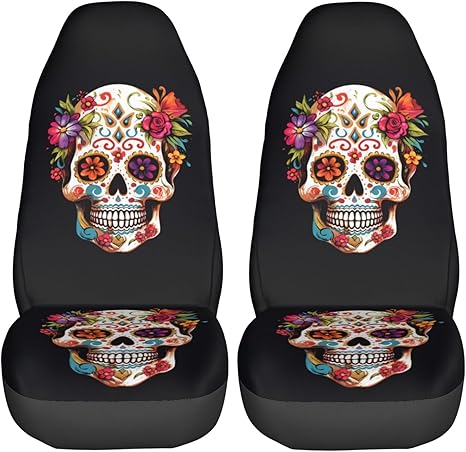 Dujiea Sugar Skull Car Front Seat Covers 2 Pcs Universal Auto Seat Covers Front Seats Only, Vehicle Bucket Seat Protectors Fit for Most Car SUV Sedan and Truck - sugar skull car seat covers set