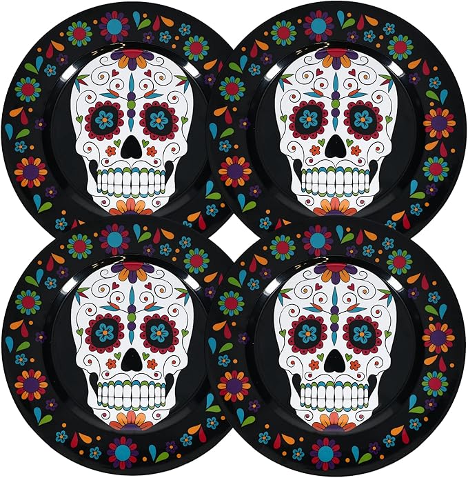 Charmed By Dragons Day of the Dead Sugar Skull Black Charger Set of 4 (4 Sugar Skull) - sugar skull plates set