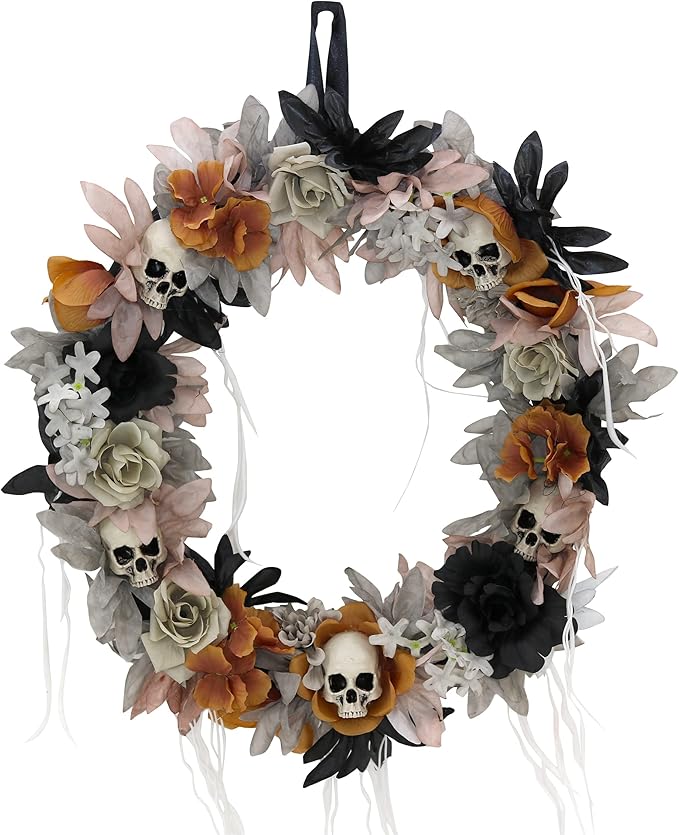 Haunted Hill Farm Gothic Skull Wreath with Multicolor Flowers, Indoor or Outdoor Halloween Decor, Scary Wreath for Front Door, Wall, or Window - sugar skull wreath for front door