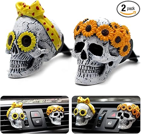 Sugar Skull Decor for Women Sunflower Air Fresheners Car Accessories Interior Aesthetic Dashboard Decorations Truck Stuff for Girls Cute Auto Charm Vent Clips Halloween Decors Christmas Gifts for Mom - sugar skull wallets for women