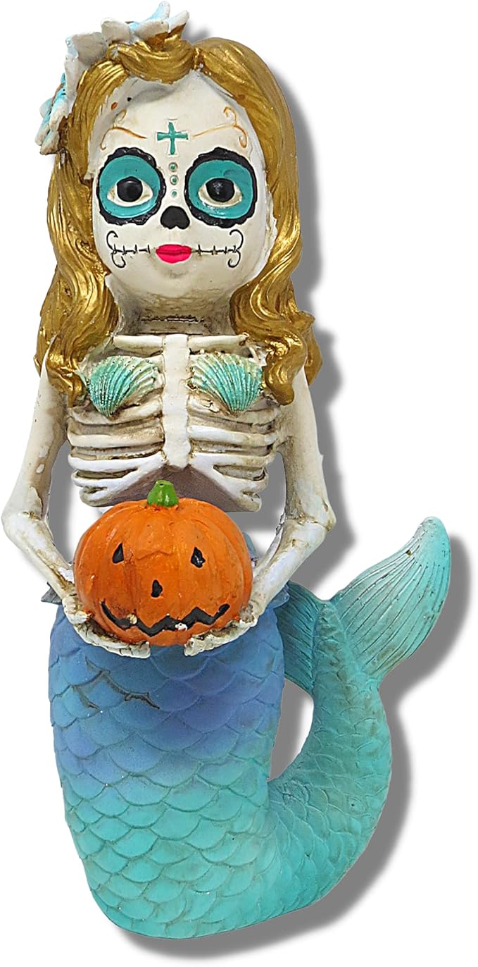 Needzo Catrinas Mexicanas Dios De Los Muertos Sugar Skull Mermaid Figurine Holding Pumpkin, Nautical Fall Tabletop Decorations, 10 Inches - sugar skull figurine collectible