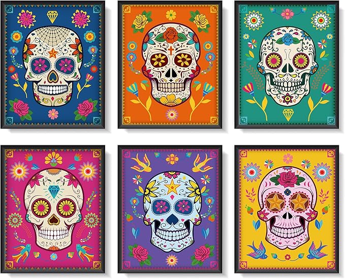 6 Pieces Sugar Skull Wall Art Decorations Day of the Dead Poster Decor Mexican Day of the Dead Fiesta Party Sugar Skull Art Prints for Living Room Bedroom Office Home Wall Decor, 8 x 10 Inch - sugar skull christmas ornament