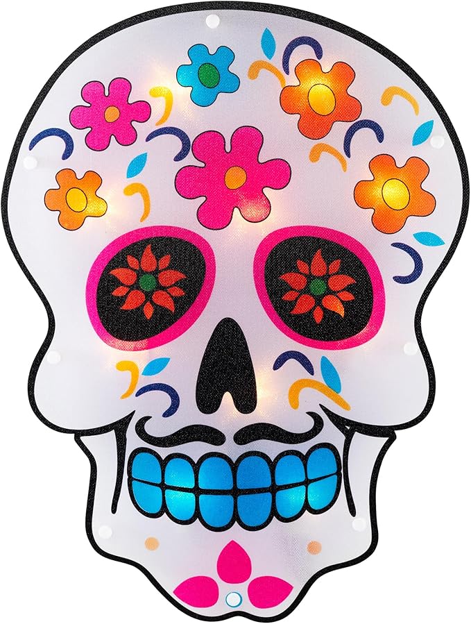 Northlight 15" Lighted Sugar Skull Day of The Dead Window Silhouette Decor - sugar skull christmas decorations